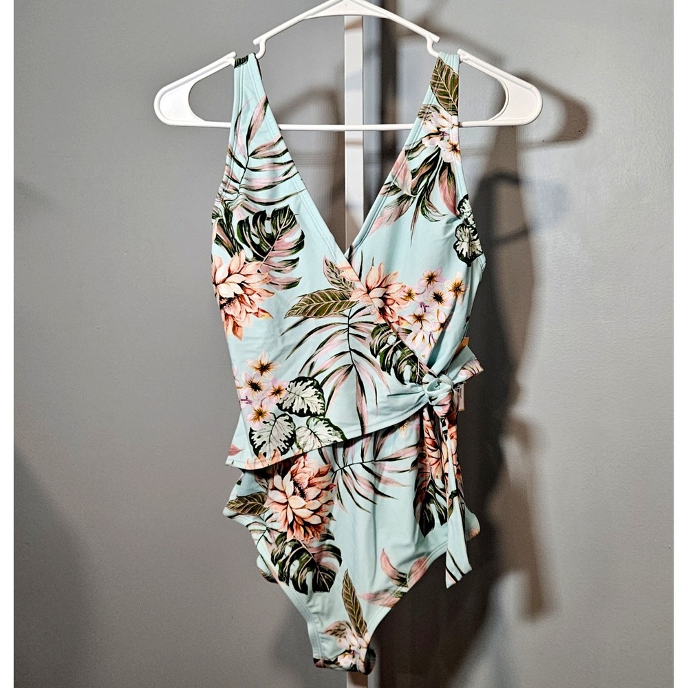 NWT Kona Sol Size S (4-6) 1-Piece Swimsuit Aqua/Floral Surplice Bodice.